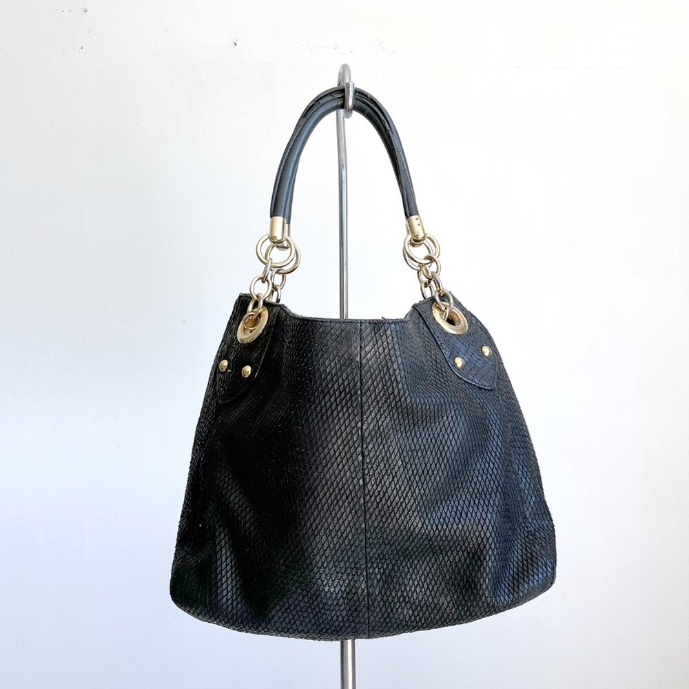 Cynthia Rowley Black Snake Reptile Textured Leather Chain Link Hobo Shoulder Bag